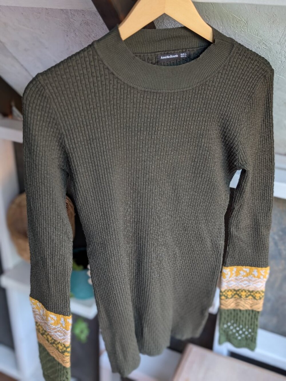 Amélie Boutik Olive Green Ribbed Sweater with Fair Isle Pointelle Cuffs Large